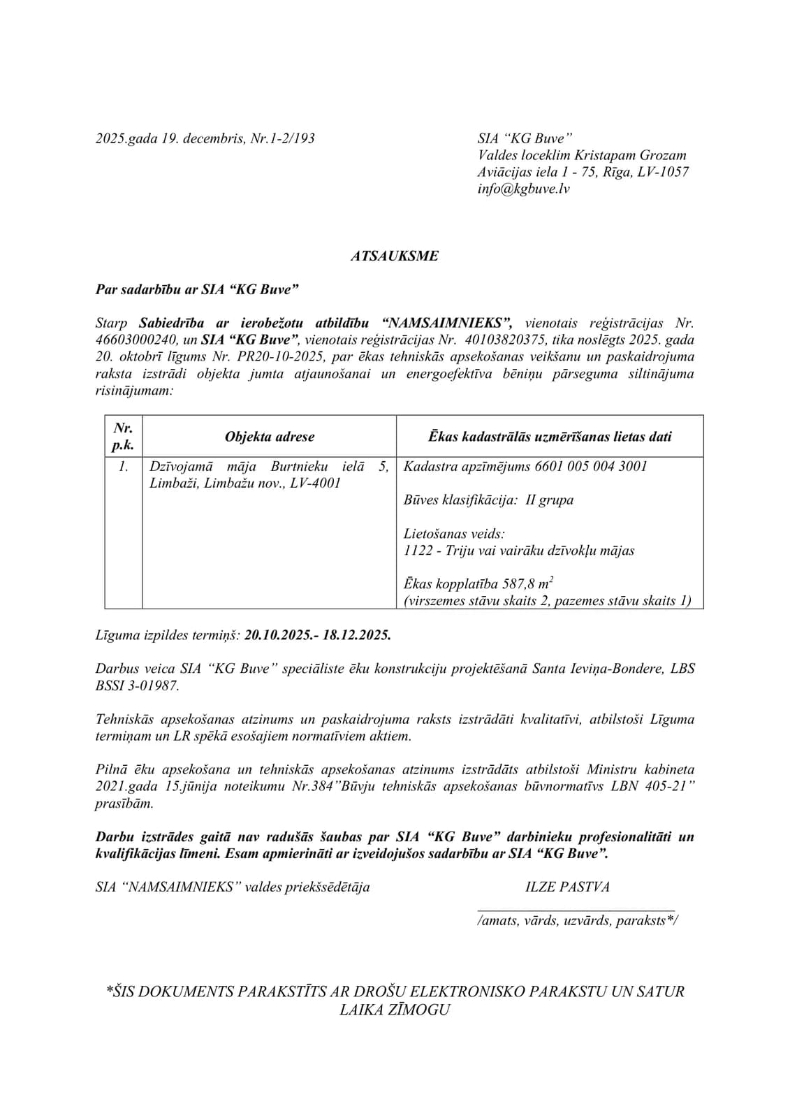 Rekomendācijas vēstule — SIA "NAMSAIMNIEKS"