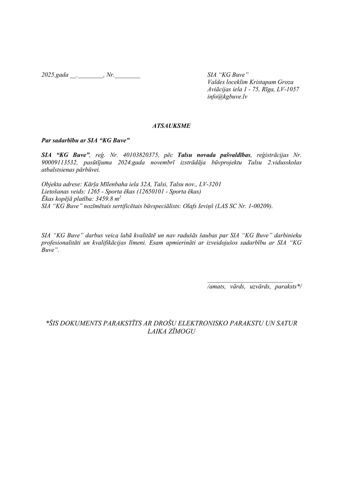 Rekomendācijas vēstule — Talsu novada pašvaldība